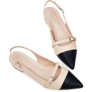 Women Black Nude Polyurethane (PU) Rhinestone Pointed Toe Slingback Flats